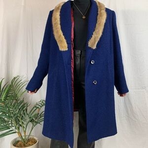 navy and faux fur trim trench coat